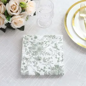 20-Pack Paper Cocktail Napkins with French Toile Print White/Sage Green - Disposable 2 Ply Beverage Napkins for Events 6.5"x6.5"