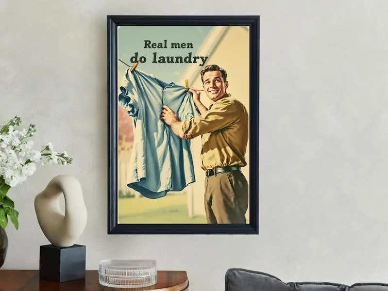 Funny Laundry Wall Art, Retro Style Poster, Real Men Do Laundry Sign, Humorous Home Decor, Vintage Laundry Room Art