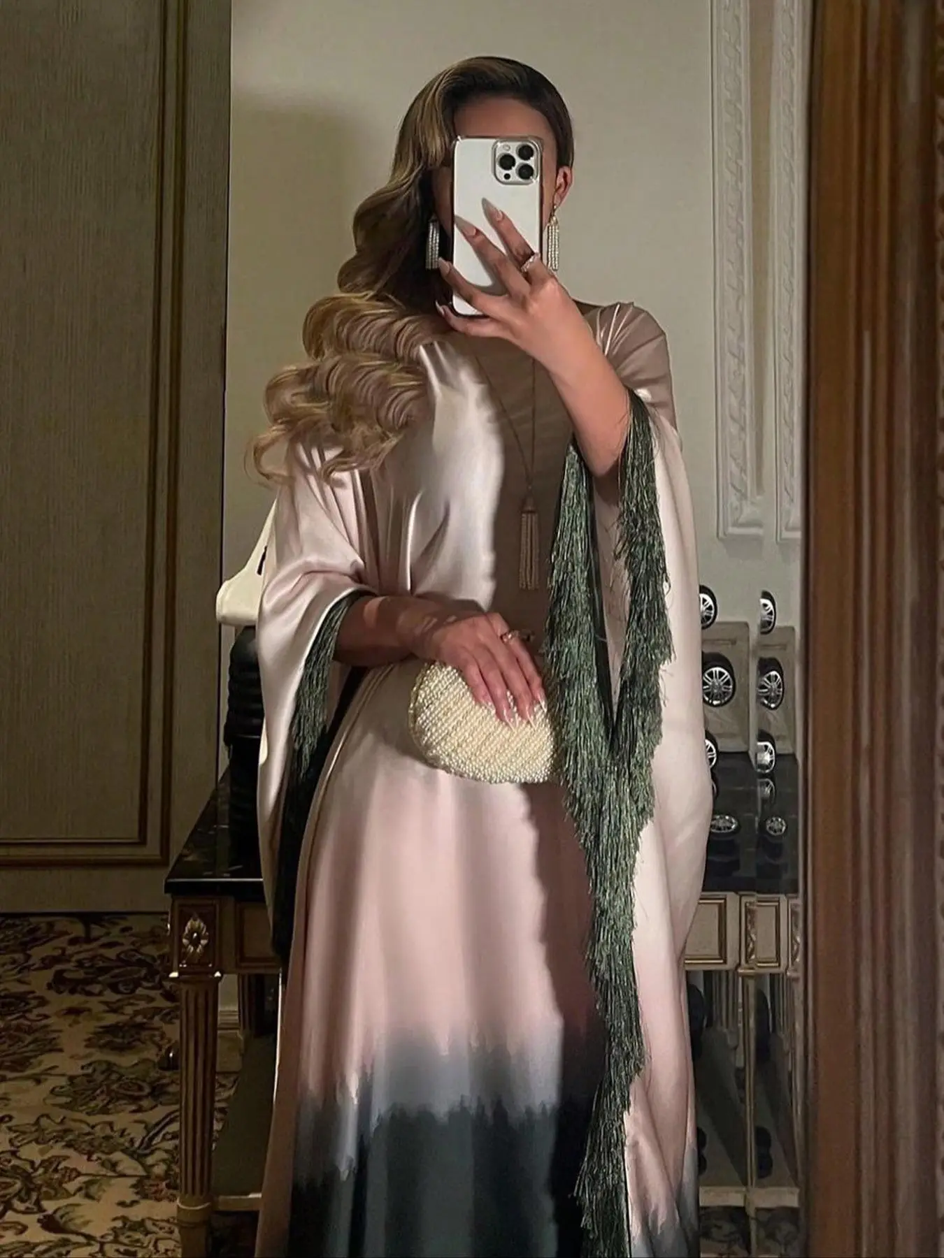 Women's Colorblock Fringe Trim Batwing Sleeve Kaftan Dress, Dresses for Women, Elegant Modest Long Sleeve Dress for Party Holiday Wedding Guest, Ladie