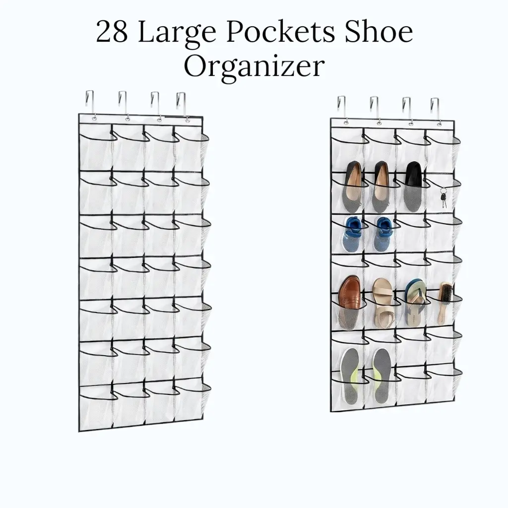 28 Large Pockets Over The Door Shoe Organizer | Heavy Duty Hanging Shoe Rack for Closet & Bedroom | Breathable Non-Woven Fabric Storage Holder with 4 Metal Hooks | Space-Saving Door Hanger for Men's Size 13 Shoes, Toys, & Accessories | White