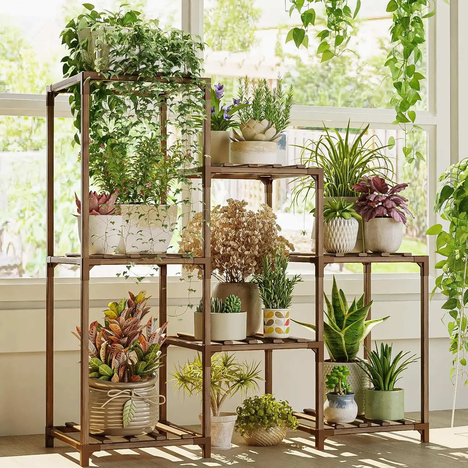 Bamworld Carbonized Mini Weather-Resistant 3-Tier Vertical Floor-Mounted Ladder-Shape Plant Stand - Charred Wood Compartments Racks & Displays, Balcony-Ready Flower Pot Holder, Home Organizer for Beginners, Both Indoor/Outdoor Use