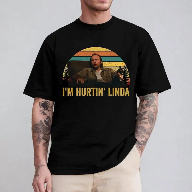 Women's Vintage Black Retro Graphic T-Shirt - 'I'm Hurtin' Linda' 90s Movie Quote, Distressed Soft Breathable Cotton Round Neck Short Sleeve Fitted Tee, Outfits for Casual Streetwear, All Seasons, 3XL