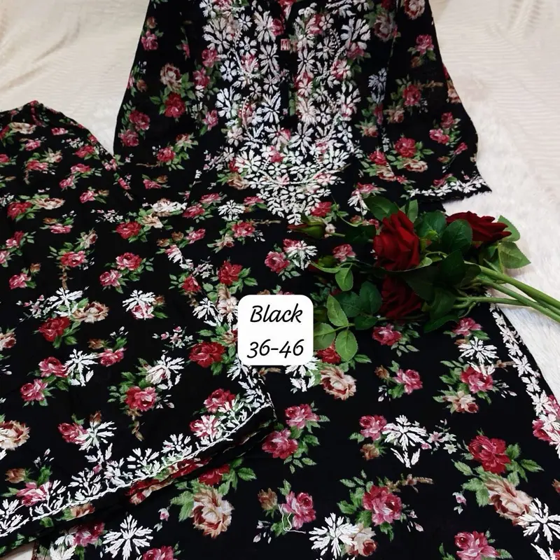 Black Floral Chikankari Kurta, Palazzo & Dupatta 3 Piece Casual Wear Set - Women's Clothes with Intricate White Embroidery for Women's Casual Clothes