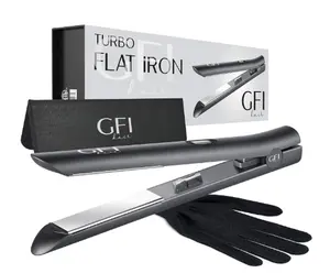 GFI Hair Straightener - Turbo Heating Element - Titanium Flat Iron - Straightens & Curls Any Hair Type - Temperature Control - Pouch & Glove Included
