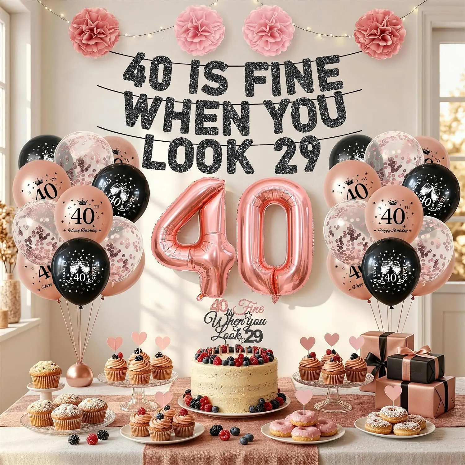 40Th Birthday Decorations for Women, Pre-Strung 40 Is Fine When You Look 29 Banner, 40Th Birthday Balloons for Her, Cake Topper, Paper Pompoms Party Supplies Kit ITOOUI