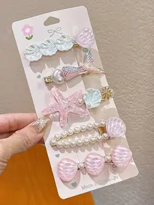5pcs Mermaid Starfish Shell Hair Clips Set, Ocean Theme Accessories, Multi-Color Design, Daily Wear, Cute Hair Decorations, Super Cute Clips