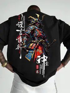 Men's Oversized Japanese Samurai Legend Samurai Theme Graphic Print T-Shirt, Y2K Streetwear Classic and Timeless Look Casual Short Sleeve Tee, Japanese Calligraphy Samurai Warrior Design, Summer Ready Daily Wear Round Neck Top for Men
