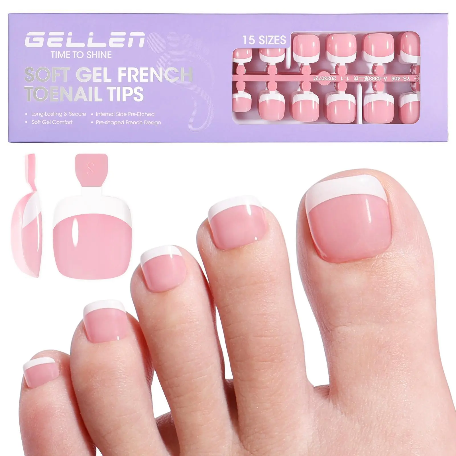 Gellen Soft Gel Press-On Toenail Kit - French Nail Kit, Short Blush Pink French Tip, 15 Sizes, 240 Pieces, Chip-Resistant, Long-Lasting Extensions with Adhesive for DIY Nail Art, Press On Nails