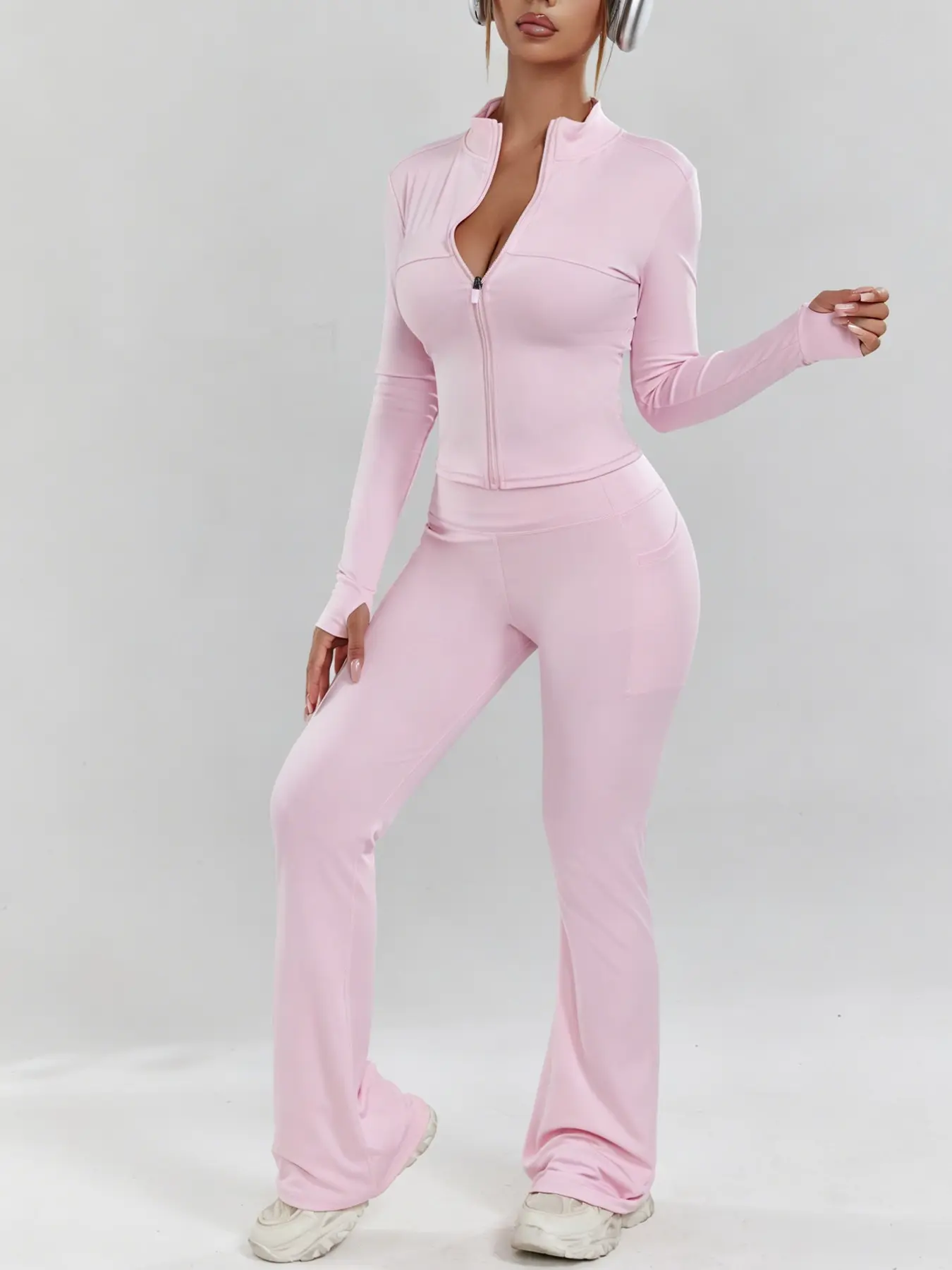 Women's Zipper Yoga Set, V-Neck Slim Fit Long Sleeve Jacket, Elastic High Waist Pants, Sporty Style, All Seasons, Gym Wear, Sports Zipper Suit, Date, Fitness Sportswear Set