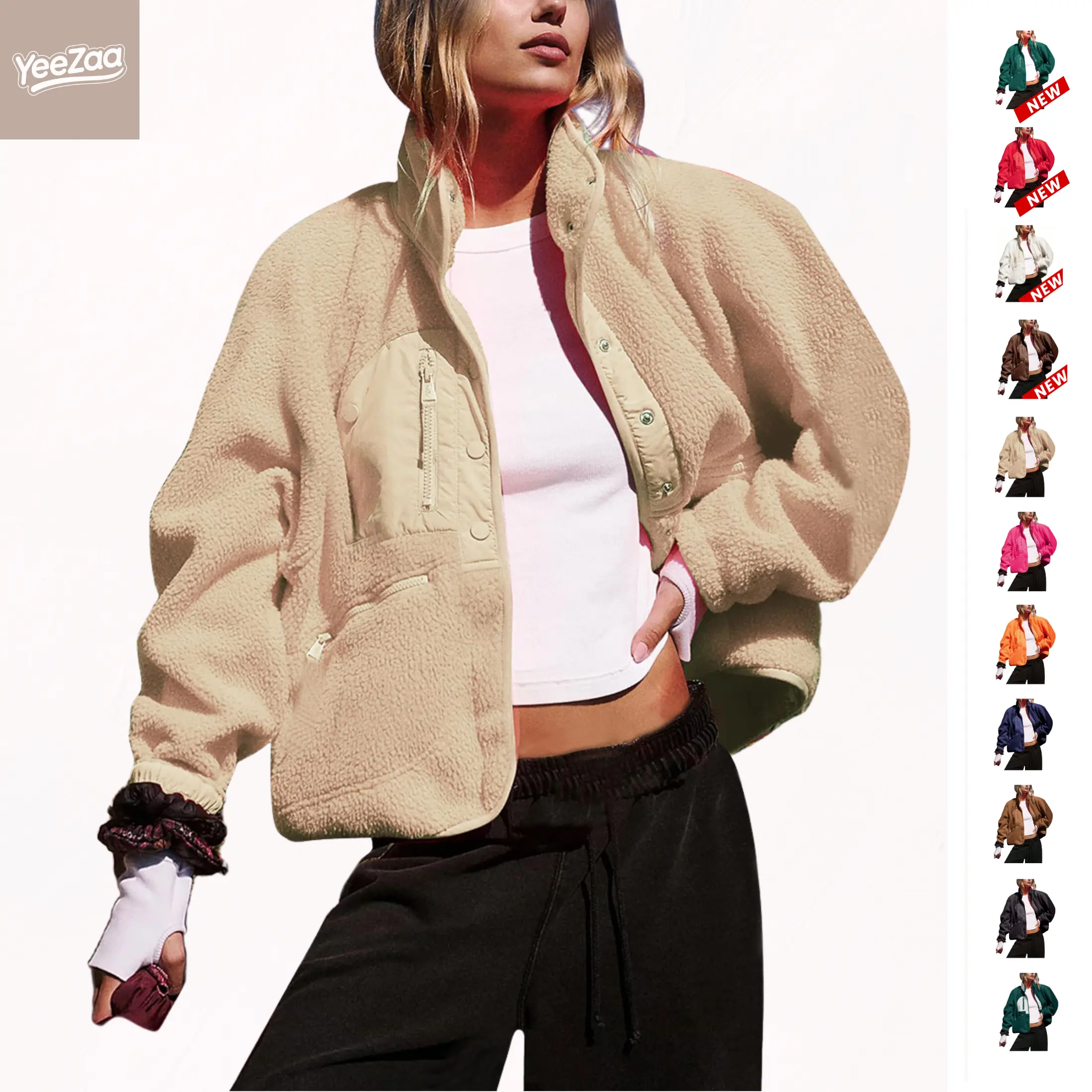 YeeZaa Women's Cropped Sherpa Lined Fleece Jacket 2026 Fall Warm Button Down Fuzzy Coats Shacket Outerwear with Pockets