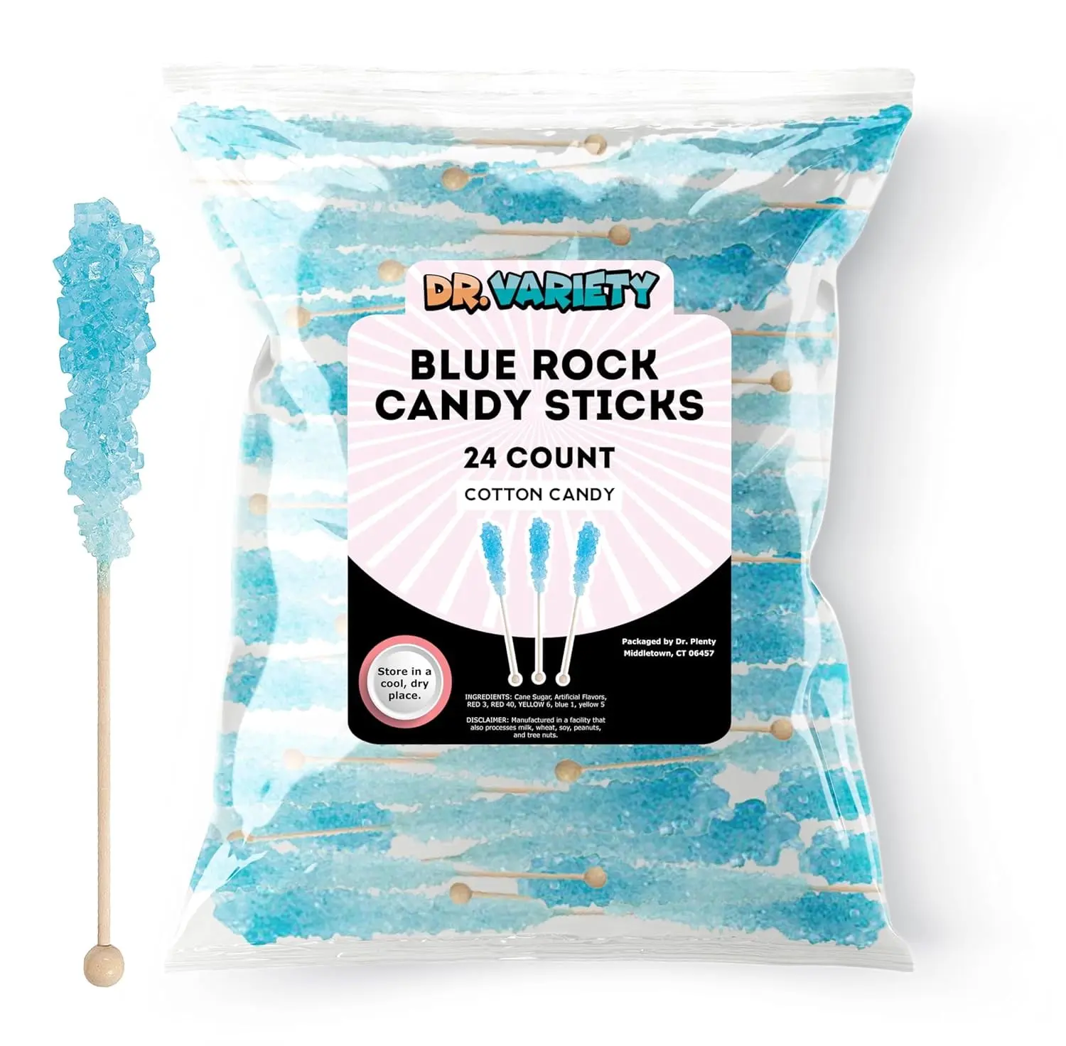 Light Blue Rock Candy Sticks – Cotton Candy Sugar Flavor, 24 Pack Bulk Individually Wrapped Edible Crystal Sticks for Party Favors, Weddings, Bridal & Baby Showers – By Dr. Variety