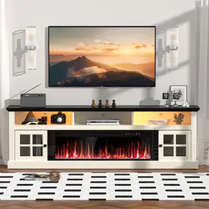 【2 Packages Shipping】Spurgehom Farmhouse Fireplace TV Stand 70" for TVs Up to 80", Media Console Table with 36" Electric Fireplace, Storage Cabinets and LED Lights, Entertainment Center for Living Room