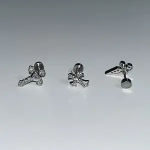 Unisex Alloy Cross Motif Ear Bone Nails 3-Pack - Flash Diamond Punk Geometric Design, Flat Bottom Zircon Cochlear Stud Earrings Jewelry, Sweet-Cool Versatile Costume Accessory