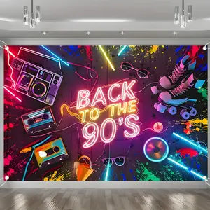 Back to the 90s Neon Backdrop, Retro 90s Theme Party Decorations Banner, Colorful Graffiti Hip Hop Disco 90s Photo Booth Backdrop for 90s Birthday Party, Throwback Nostalgic Party Supplies, Washable Durable Fabric Background for Adults Kids
