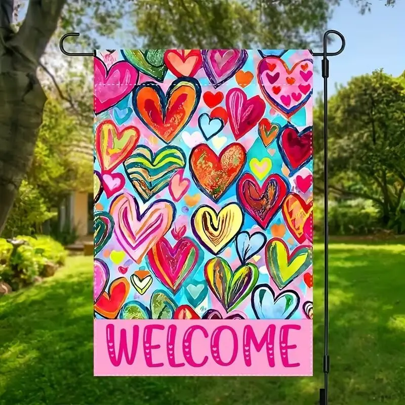 Double-Sided Heart Decorative Garden Flag, 100% Polyester Welcome Banner, 18x12 Inches, Perfect for Valentine's Day and Wedding Celebrations, Indoor Outdoor Decor