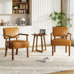 Mid-Century Upholstered Accent Armchair, Solid Wood Frame, Linen or PU Leather, Button Tufted/Vertical Stripes, Comfy Dining Lounge Chair for Home, Living Room, Bedroom, Balcony