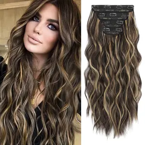 Wavy Hair Extensions, 4PCS Clip in Hair Extensions Natural Soft Synthetic Hairpieces for Women, Dark Brown with Blonde Highlights