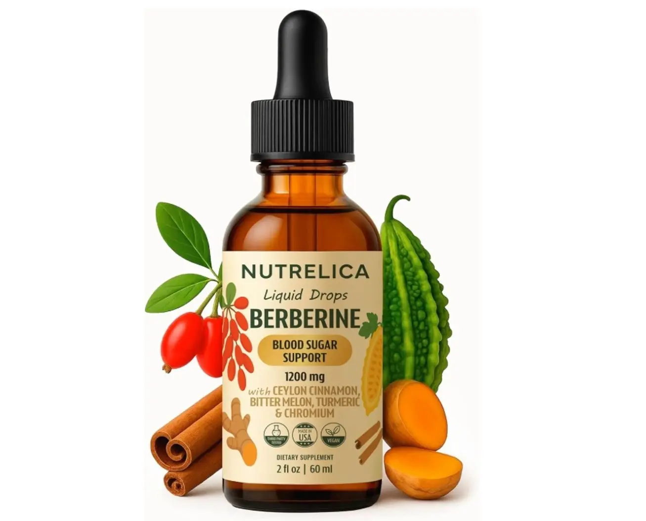 Berberine with Ceylon Cinnamon, Bitter Melon, Turmeric & Chromium – Blood Sugar Balance & Glucose Metabolism – 1200mg, No Sugar, Vegan, Non-GMO