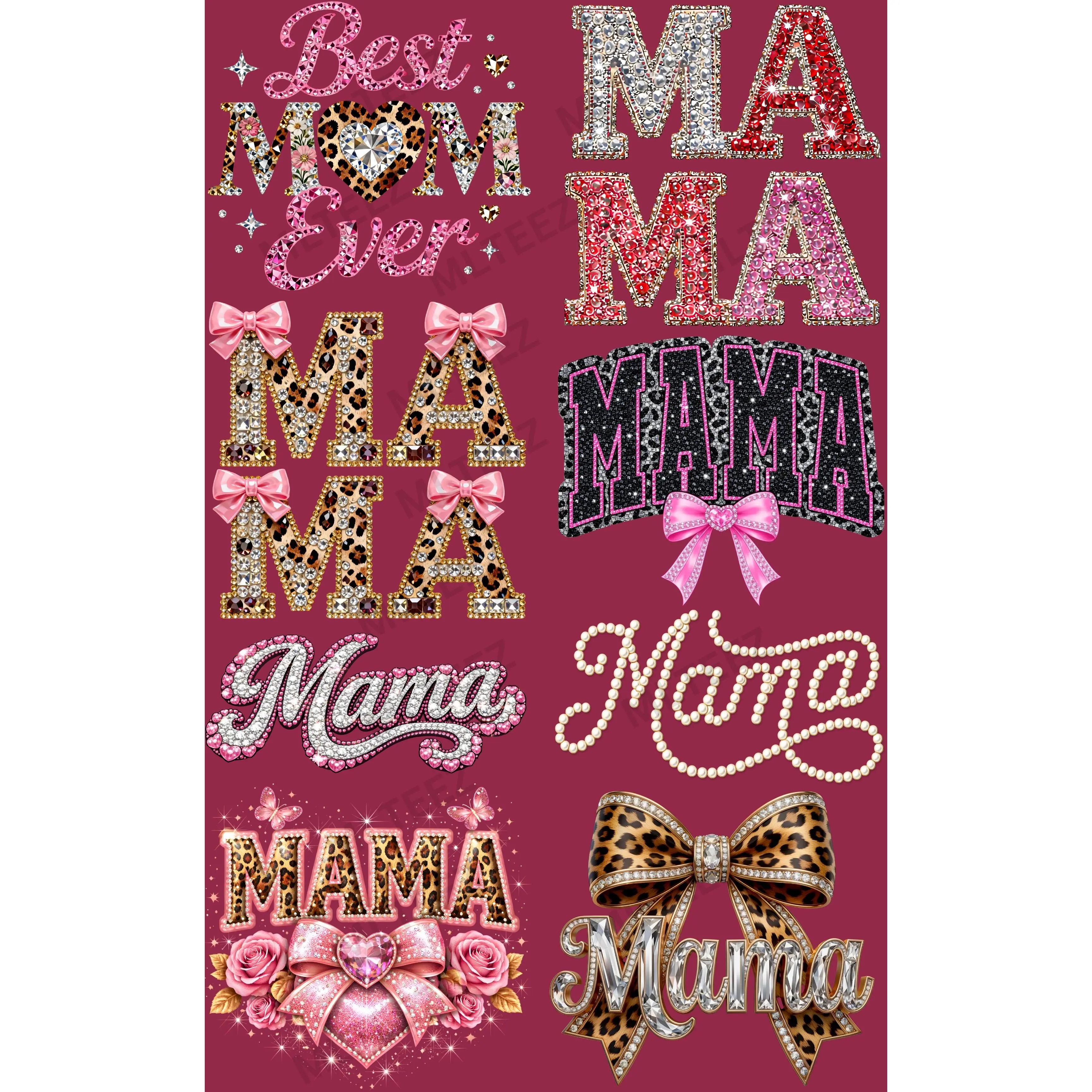 MAMA (9) FAUX GLITTER PREMADE GANGSHEET - 22X36 DTF TRANSFERS - DIRECT TO FILM