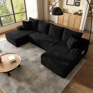 134" Cloud Sectional Sofa with U-Shape Chaise and Side Pockets and Cup holder , Modern Modular Design, Deep Seating, Upholstered Couch for Living Room/Bedroom, No Assembly Required (Plush)Black