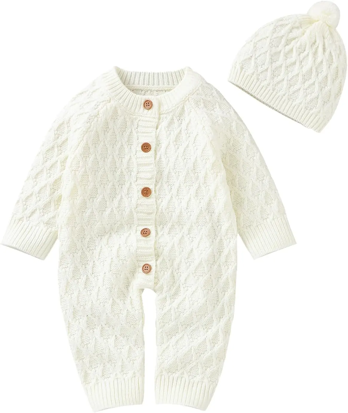 Newborn Knit Long-Sleeve Bodysuit Sweater Romper, Warm Hat Included, Baby Girl Clothes, Infant Toddler Clothes, Baby Stuff for 0-9 Months Infant Boy Girl, Newborn Outfits, Cotton Knit