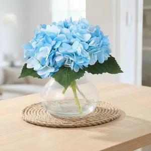 Faux Hydrangea Flowers with Glass Vase, Silk Artificial Flower Arrangement with Faux Water, Fake Flowers for Table Centerpieces Shelf, Bathroom, Home, Wedding Decor