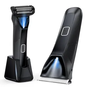 TailsUp-Manscape Body Hair Trimmer for Men, 2-in-1 IPX7 Waterproof Groin & Ball Shaver, Electric Razor Mens Grooming Kit, Rechargeable Cordless with SkinSafe Ceramic Blade & Nose Hair Attachment