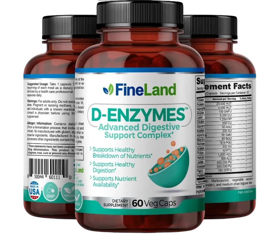 FineLand D-ENZYMES Advanced Digestive Support Complex, Supports Healthy Breakdowns of Nutrient, Supports Healthy Digestion gut  health  supplement Healthcare Dietary