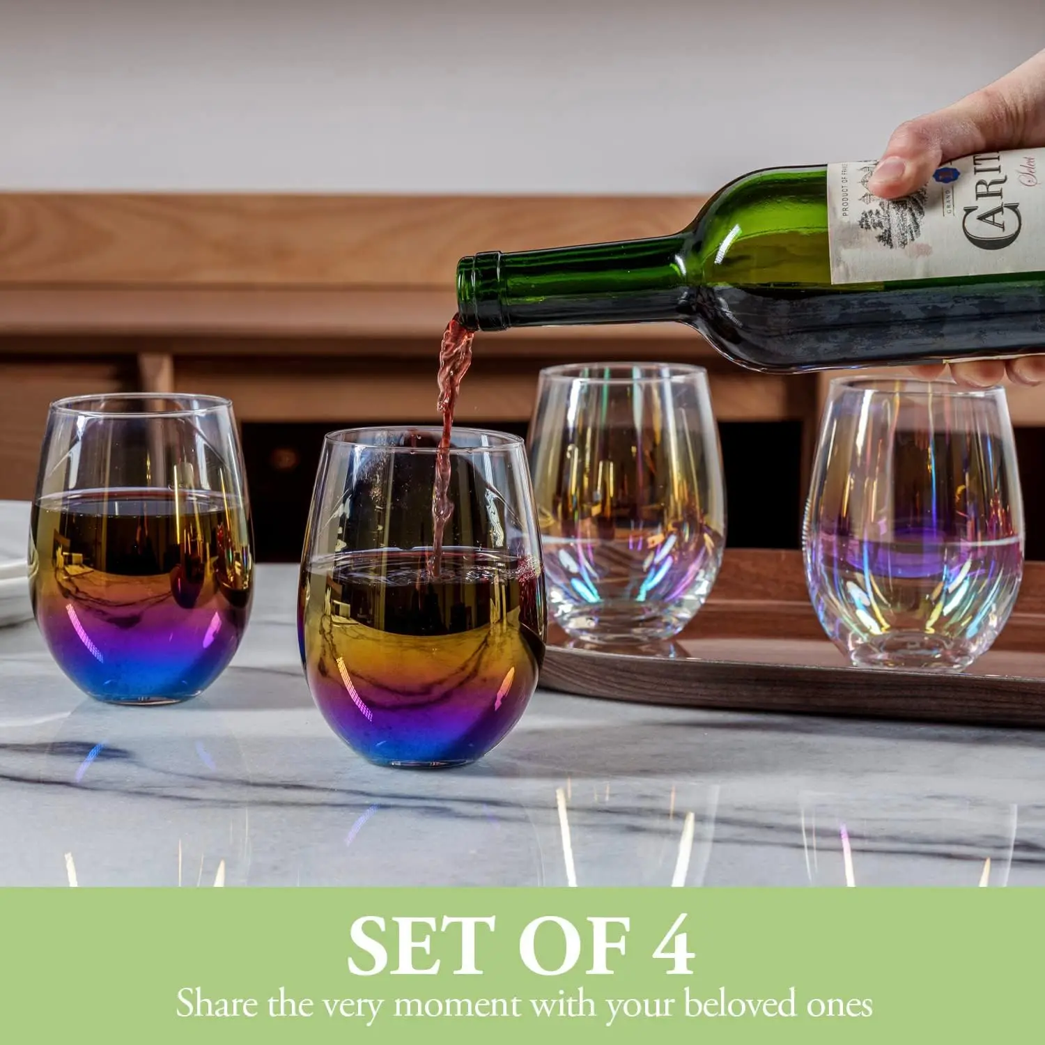 MyGift 18 oz Modern Iridescent Transparent Stemless Wine Glasses, Rainbow Colored Luster Clear Cocktail Beverage Drinking Glass Cups, Set of 4