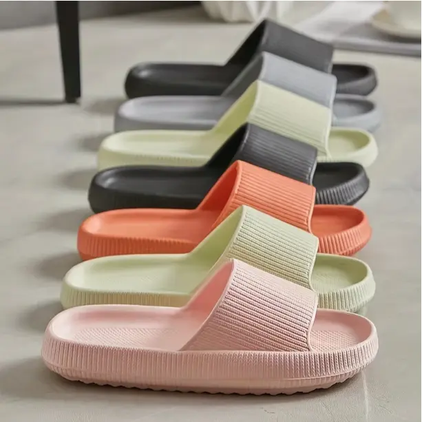 Unisex EVA Slide Slippers – Non-Slip, Quick-Dry Bath & House Shoes for Men & Women | All-Season Ribbed Striped Slip-On Sandals | Women’s Pink Thick Sole Summer Slides for Indoor/Outdoor Use