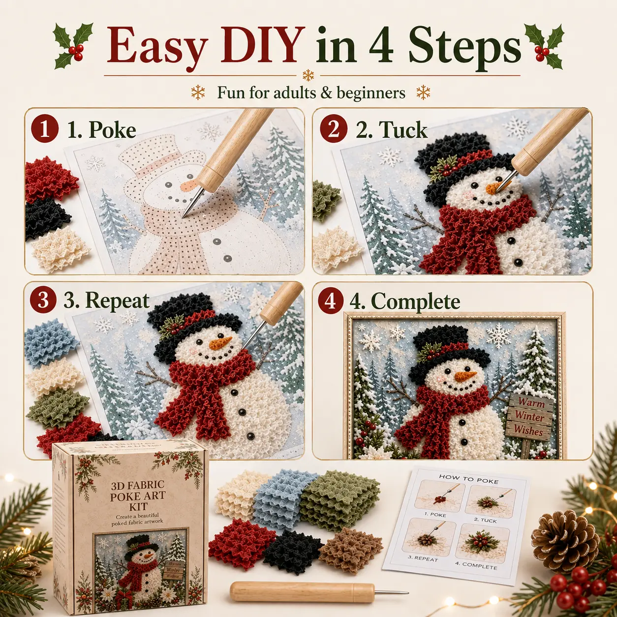 3D Christmas Fabric Poke Art Kit, DIY Snowman Embroidery Craft Kit, Handmade Holiday Wall Hanging Decor, Creative Christmas Decoration Gift for Adults & Craft Beginners