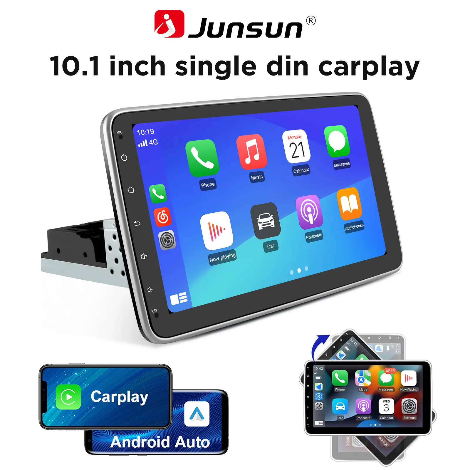 10.1 Inch Junsun Single DIN Car Stereo Universal Android 15 2GB+32GB  Rotatable Touchscreen with CarPlay/AndroidAuto/Mirror Link, WiFi/GPS/Bluetooth/RDS/USB/FM/Steering Wheel Controls with Rear Camera