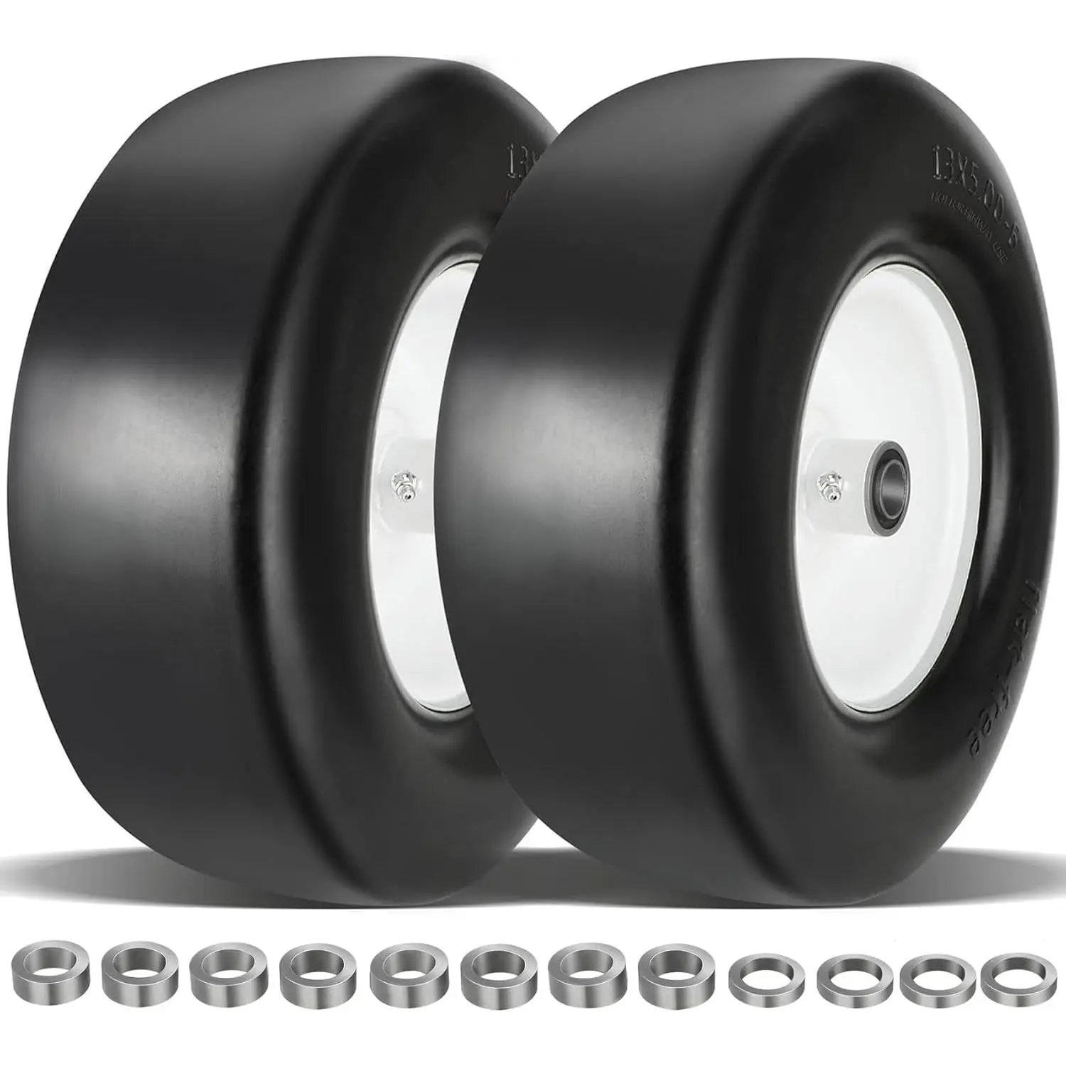 2 count Upgrade 13x5.00-6 Flat Free Lawn Mower Tire and Wheel with 3/4" 1/2" 5/8" Chrome Steel Bearings, Zero Turn Mower Front Solid Tire for Commercial Grade Lawn, Garden Turf, 4.2"-5.2" Centered Hub