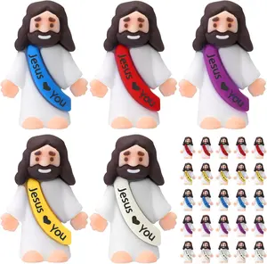 30Pcs Little Jesus Figures, Cute Jesus Ornament with Jesus love You Slogan,Mini Jesus Figurines in bulk,Jesus loves you figures,Easter  Mini Rubber Toys to Hide and Seek Religious Party Favors Sunday School Baptism Gifts (random colors )