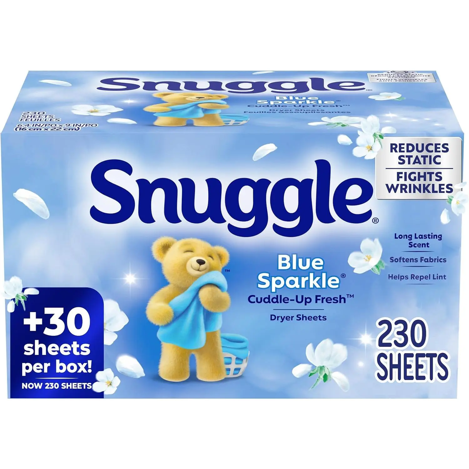 Household Floral Scented Snuggle Fabric Softener Dryer Sheets, Blue Sparkle Cuddle-Up Fresh, 230 Ct, Antistatic, Softens Fabrics, Reduces Wrinkles, Repels Lint & Pet Hair, HE Safe