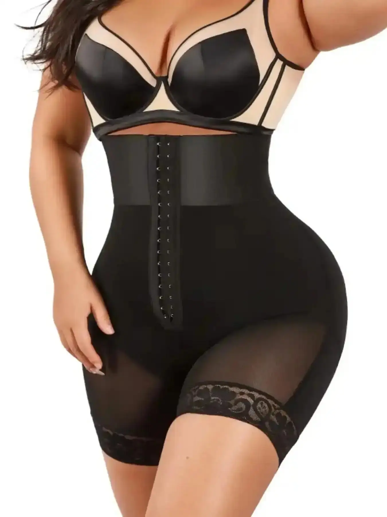 Women's Adjustable Buckle Front Contrast Lace Casual Compression Shapewear Shorts Body Contouring Breathable Mesh High Waist Shaper Tummy Control Hip Lifting Bottoms Underwear Enhancer Firm vacation essential
