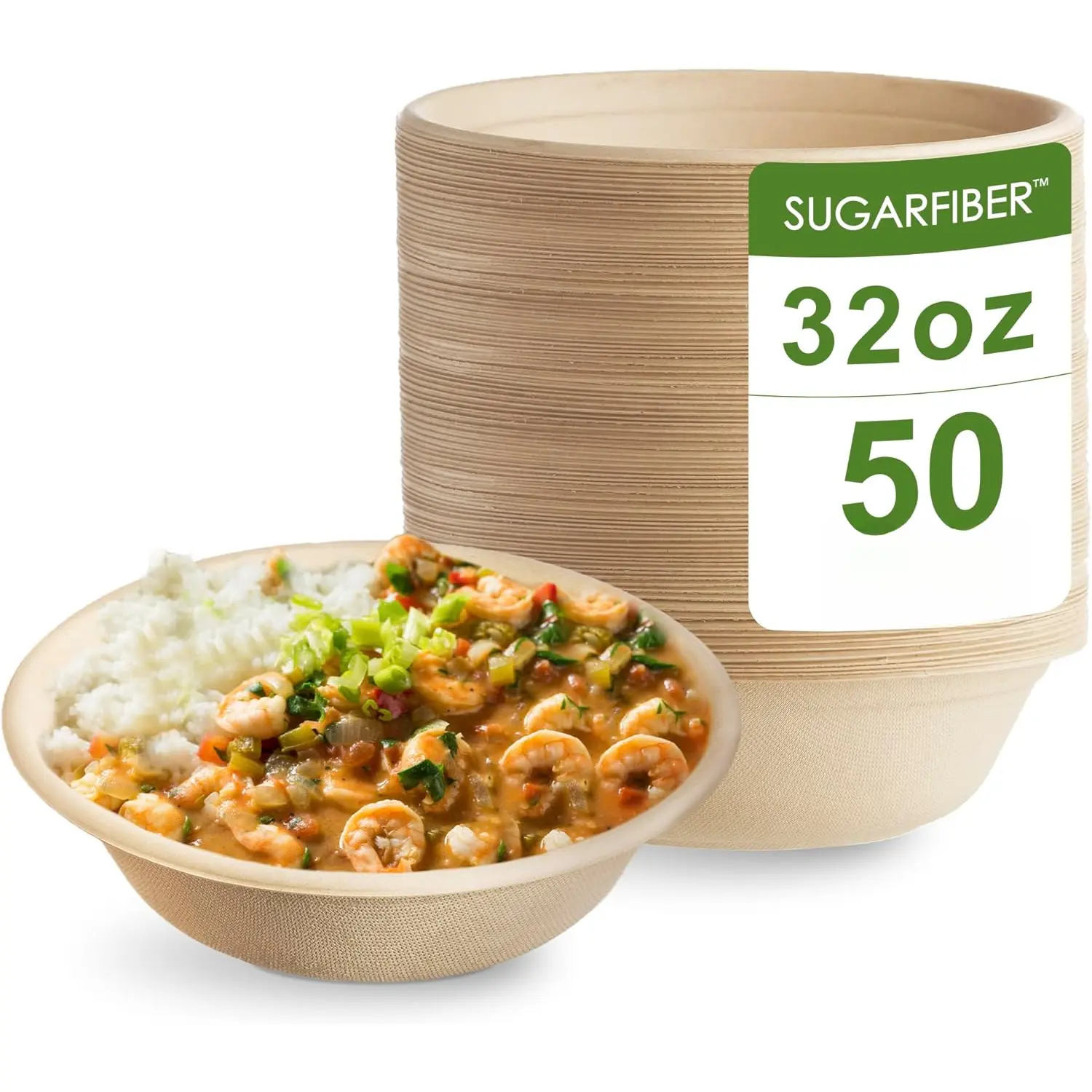 32 oz Compostable BPI Certified Durable Disposable Bagasse Soup Bowls - 50-Count Round Sugarcane Dinnerware Containers, Microwave-Safe for Party, Meal Prep, Takeout (Free Incl.)