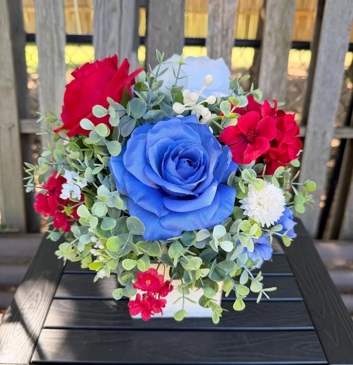 Patriotic Floral Centerpiece – Red White Blue Roses, Eucalyptus, Americana Farmhouse Decor