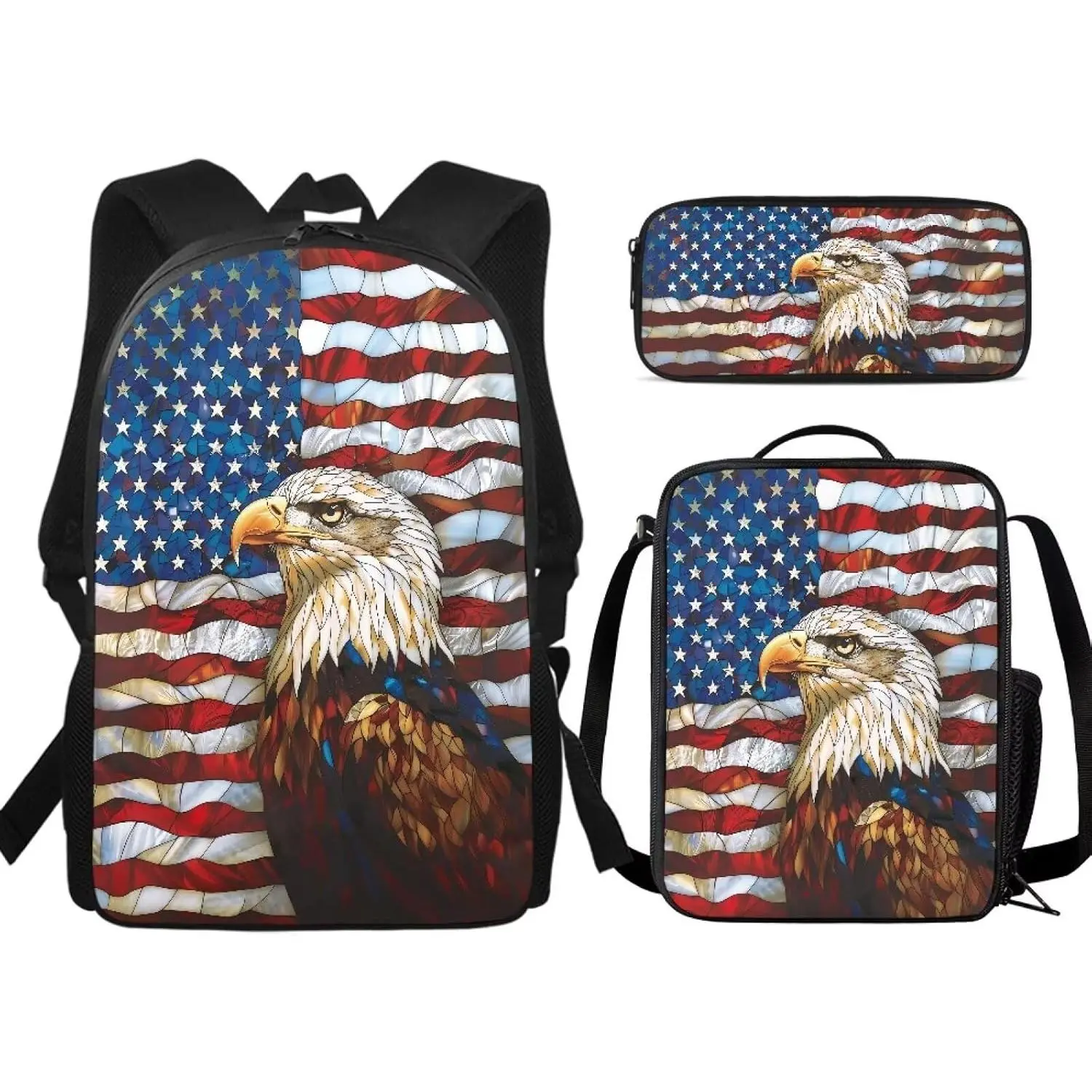 Blue College Backpack, 3-Piece School Set with Lunch Bag & Pencil Case, Eagle American Flag 250th Anniversary Print, 17 Inch for Back to School Holidays, First Day Of School