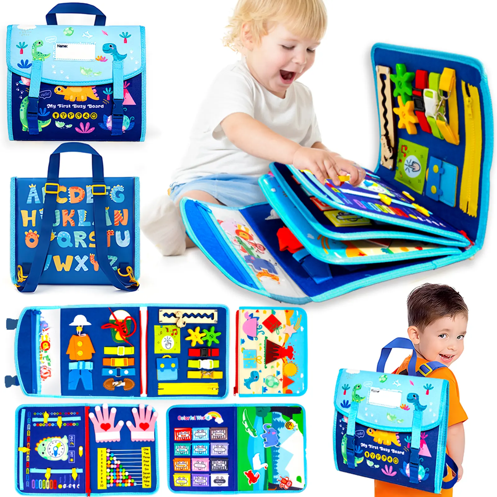 Montessori Soft Felt Busy Board Multi-Activity Playset - 1-4 Year Old Toddler Toys with Velcro Fasteners & Calendar, Travel Toy for Airplane-Car Use, Preschool Learning Tool, Gift for Birthdays & Children's Day-wjlm