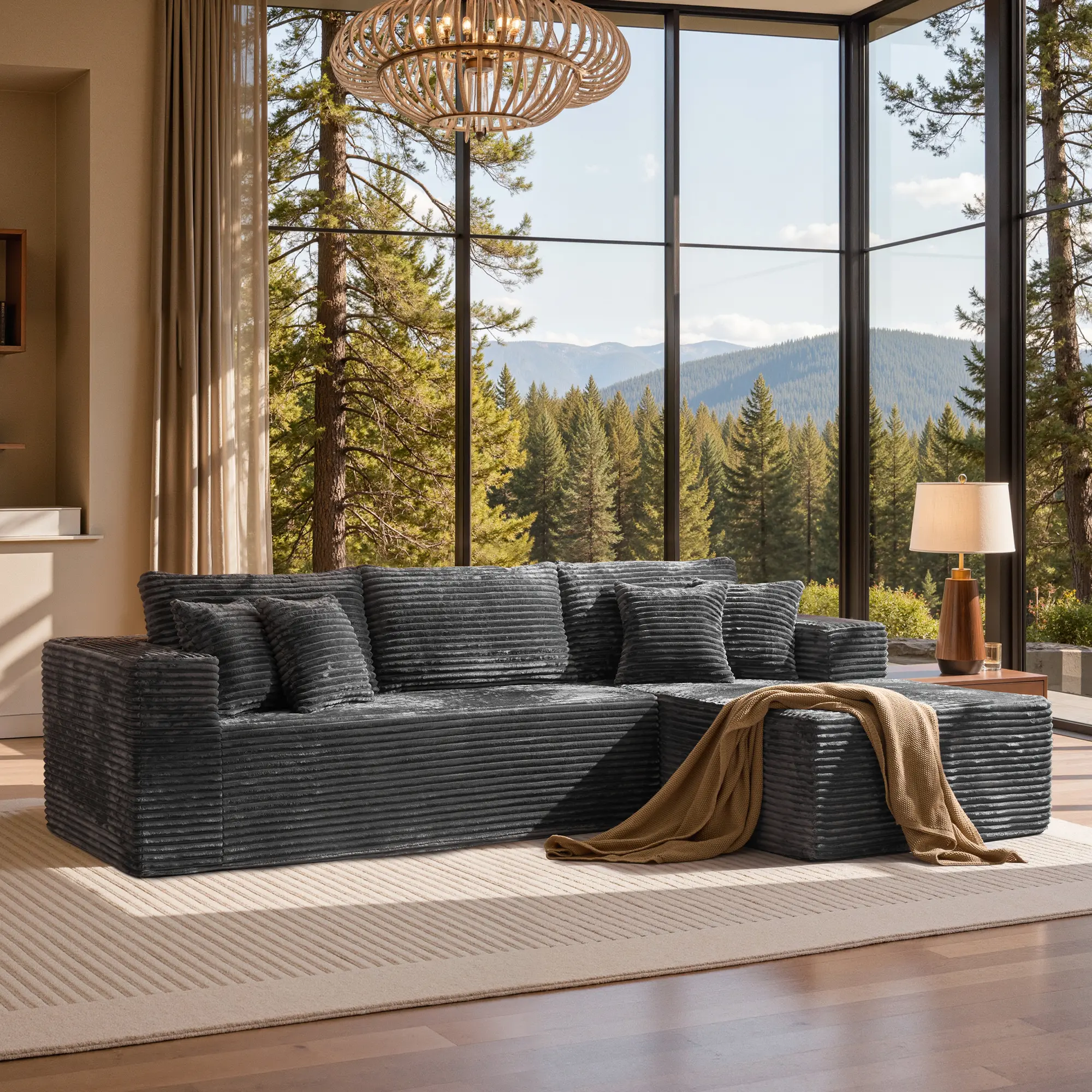 Grey Plush Corduroy Right Chaise