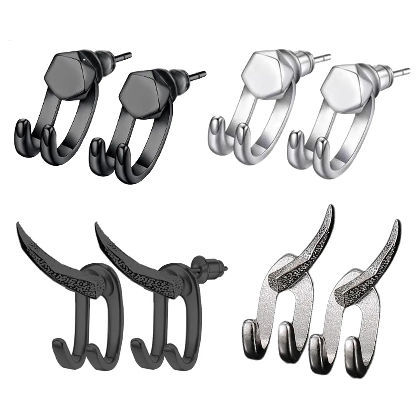 OIDEA 4-Pair Punk Viking Geometric-Shaped Detachable Double-Sided Stud Earrings, Stackable Toggle Hip Hop Pierced Set for Men's Style, Geometric-Shaped Earrings, Punk Earrings