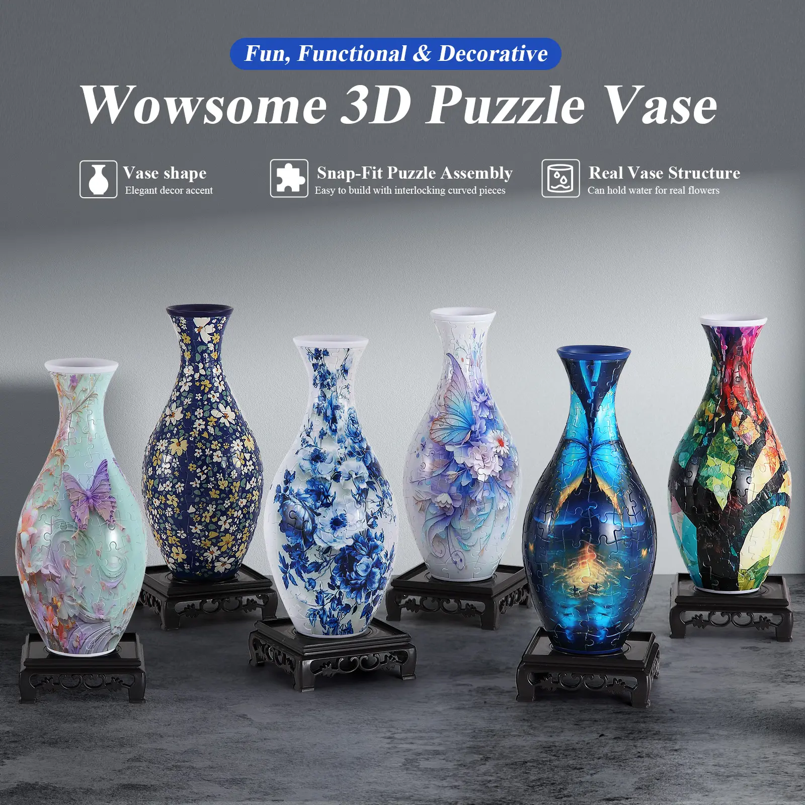 wowsome 160 Pieces 3D Puzzle Vase for Adults, DIY Flower Vase Jigsaw Puzzle, Unique Gift for Her Women, Birthday Housewarming Gift, Flower Arrangements and Home Decoration