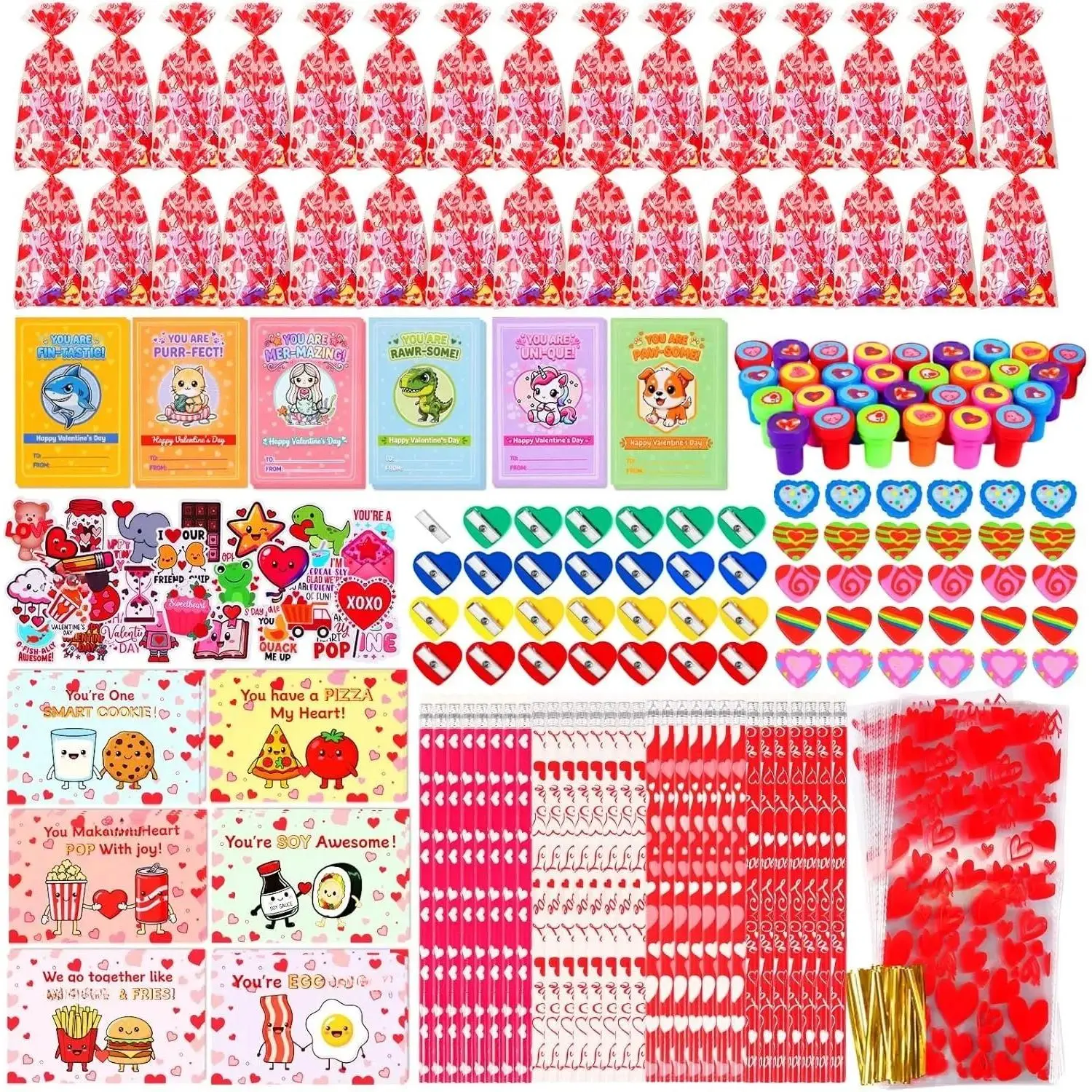 30-Pack Valentine's Day Classroom Stationery Set - Best Friends DIY Crafts Goodie Bags, Cards, Notebook, Stamps, Pencils, Erasers, Sharpeners, Classroom Prizes, Fun DIY Crafts for Boys Girls School Exchange Party Favors