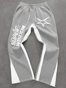 Retro Oversized Star Pattern Flared Sports Pants, Heavyweight Contrast Color Wide-Leg Joggers for Festivals & Street Fashion, Comfortable Loose-Fit Athletic Trousers, Fitness Trousers