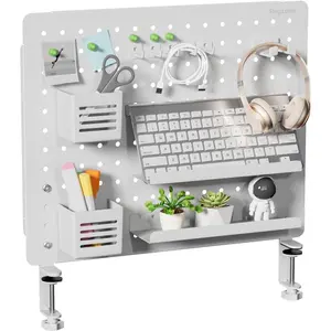 Clamp- Desk Pegboard, Desk Organizer for Office Gaming ,  Metal Peg Board with 15 Accessories,  Panel for Office, 20.4" x 16.5", Large, White