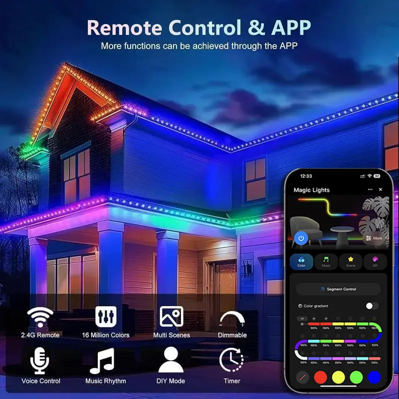 Outdoor RGB Eaves Patio LED String Lights - Permanent Outdoor Landscape Lighting, IP67 Water Resistant, 56ft/105ft, 16M Colors, 63 Modes, APP & Voice Control, Low Voltage, Adjustable, Customizable Scenes, ABS+PS, All Seasons Garden/Party Decor, Outdoor De