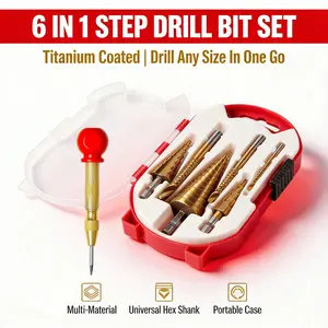 Premium 7Pcs Step Drill Bit Set with Center Punch & Screw Drill Bits, High Speed Steel Hole Opener for Metal and Wood