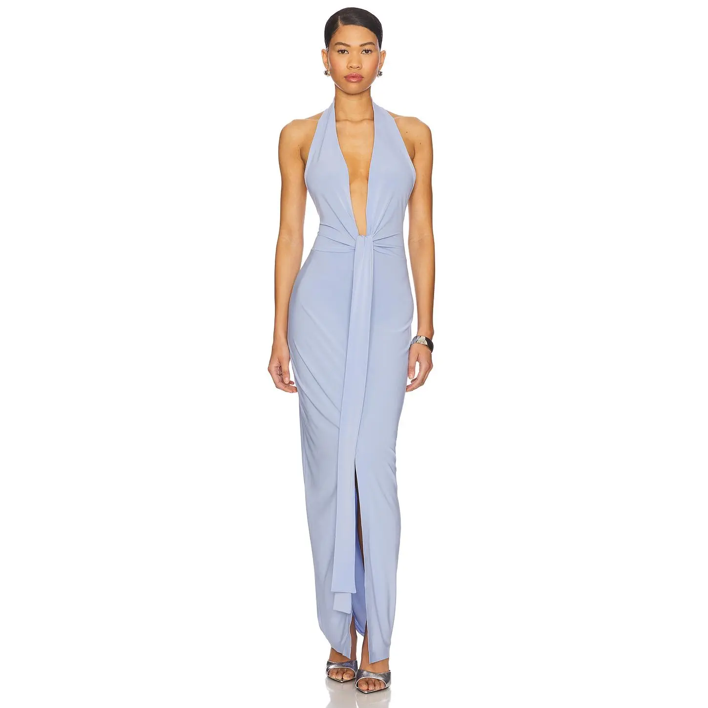 Norma Kamali x REVOLVE Tie Front Halter Gown in Celestial Blue