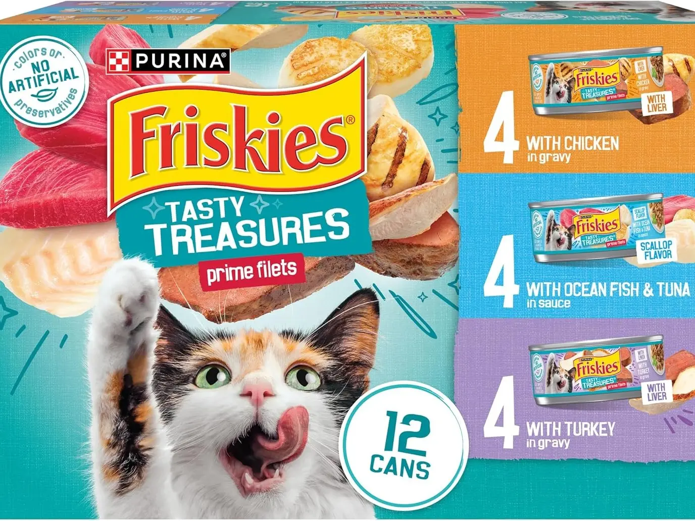 Purina Friskies Wet Cat Food Variety Pack, Tasty Treasures Prime Filets - 5.5 oz, 12-Pack (Ocean Fish & Tuna, Chicken, Turkey Flavors)